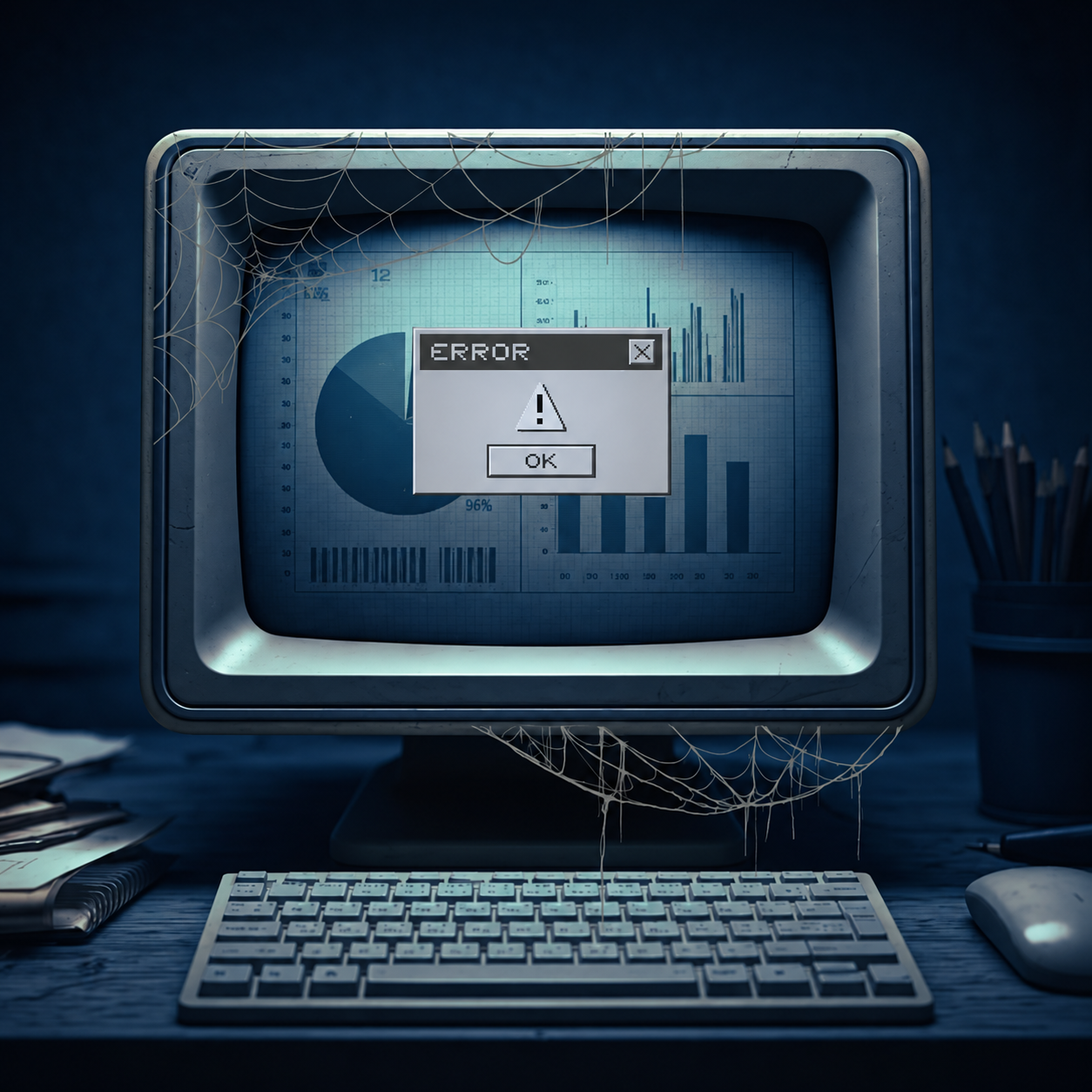 Cobwebbed computer with an error dialog