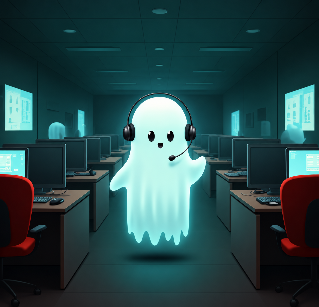 Headset ghost in a teal office