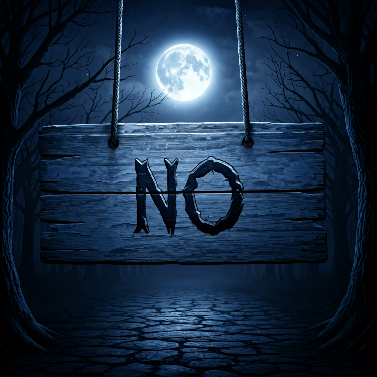 Moonlit forest with a hanging NO sign
